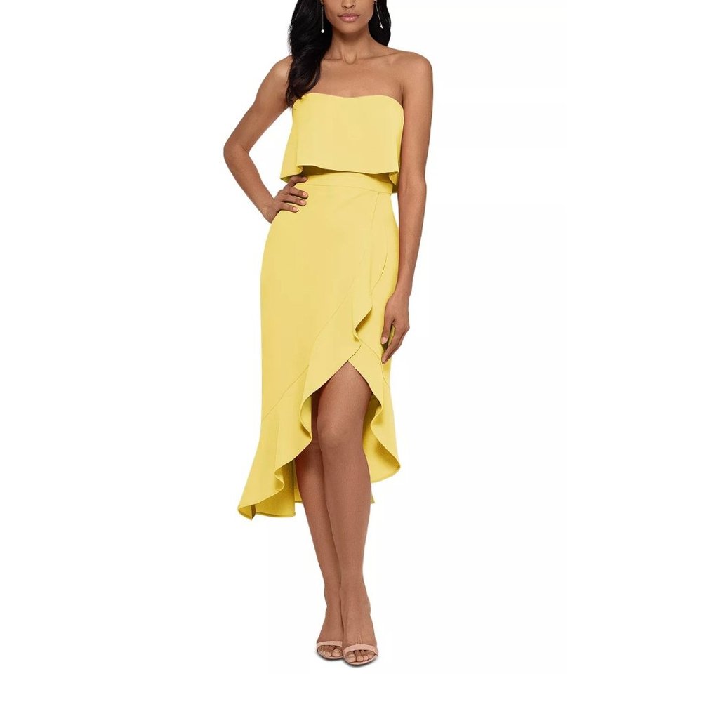 Xscape Petite Ruffled High-Low Dress Lemon Yellow 8P